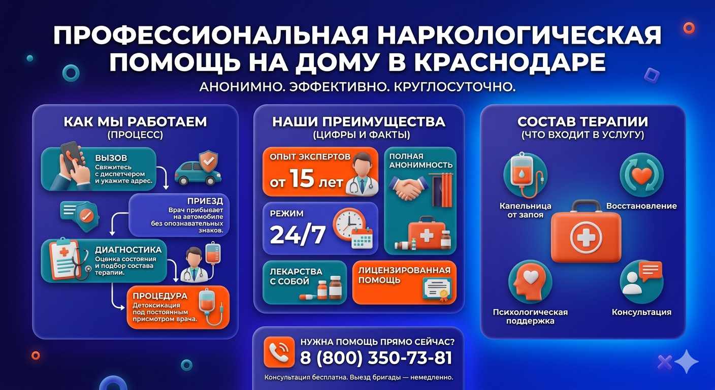 Инфографика о принципах лечения алкоголизма на дому в Покрове: этапы вызова нарколога, преимущества анонимной детоксикации и состав медицинской помощи.